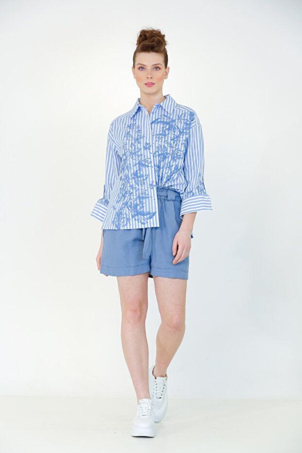 Çizgi Baskılı Gömlek - Mavi - 2