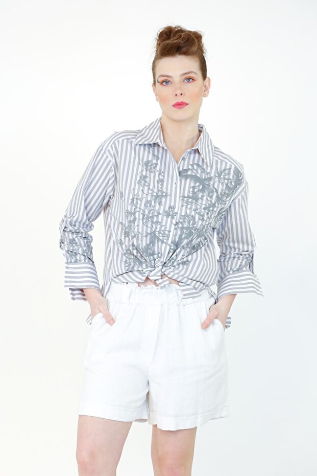 Çizgi Baskılı Gömlek - Gri - 1