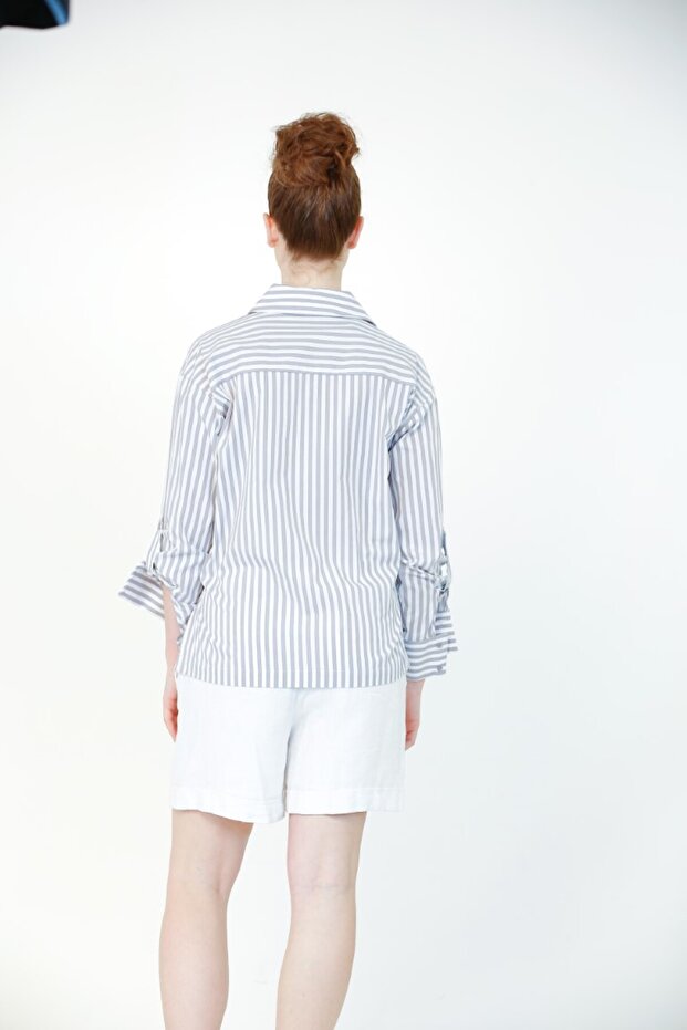 Çizgi Baskılı Gömlek - Gri - 5