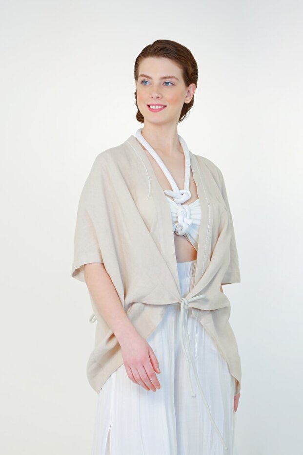 Keten Süs Dikiş Ceket - Bej - 3