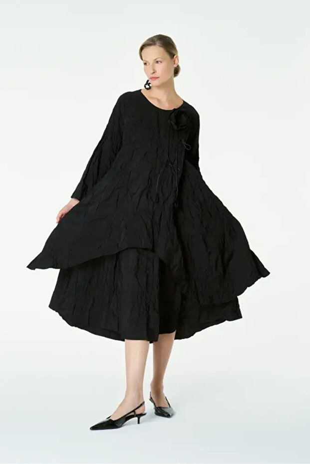 Kırışık Tafta Elbise - Siyah - 1