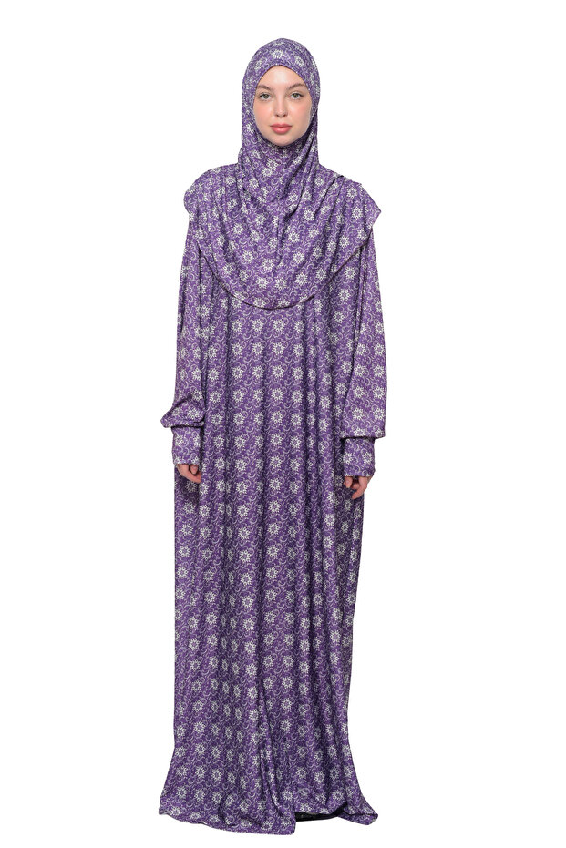 Practical One-Piece Sun Patterned Sleeves and Removable Headscarf Lycra Hijab Prayer Dress 990-0302