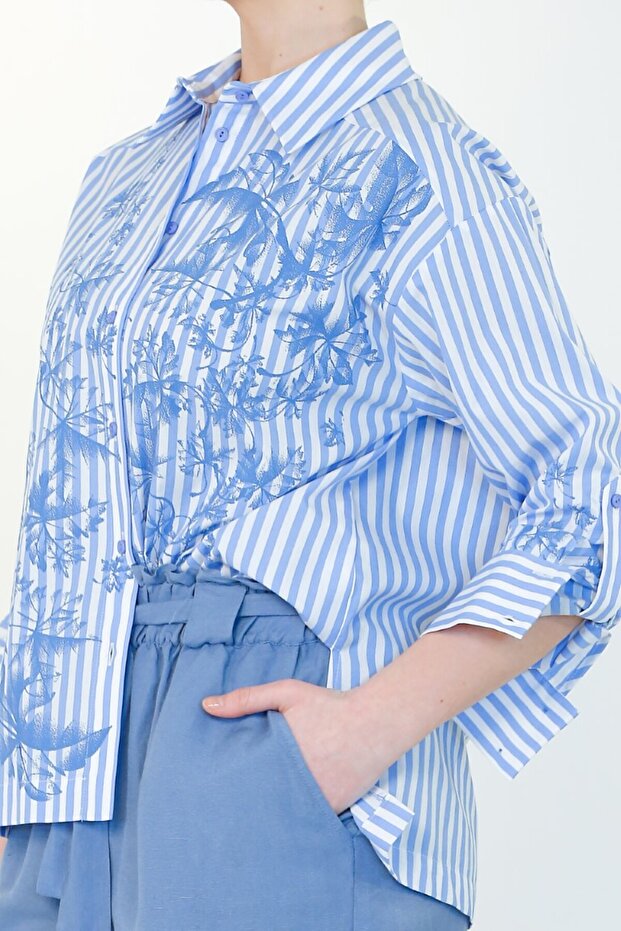 Çizgi Baskılı Gömlek - Mavi - 4