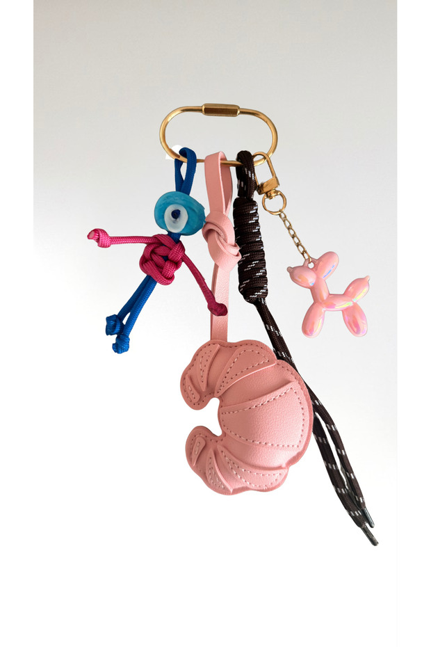 Le Croissant Assemblé - Pink and Coffee Detailed Bag Charm, Bag Accessory, Ornament, Keychain