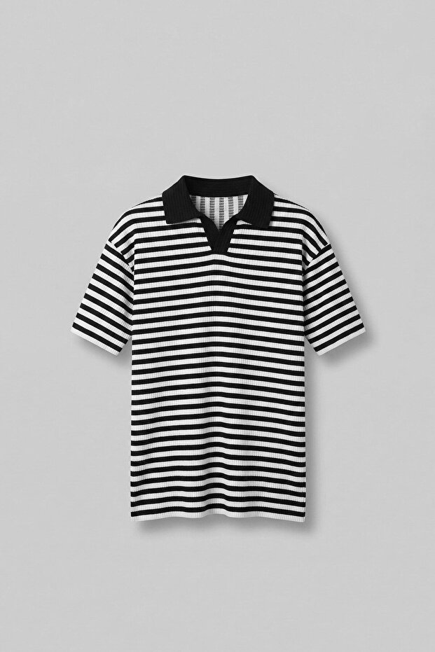 Men's Oversize Half-Pat Polo Collar Striped T-Shirt White - Black