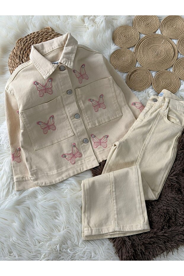 Girl's Double Set with Denim Jacket with Stone Details