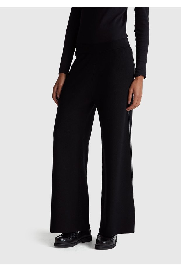 Women's Black Viscose Blend Wide Leg Pants with Elastic Waist