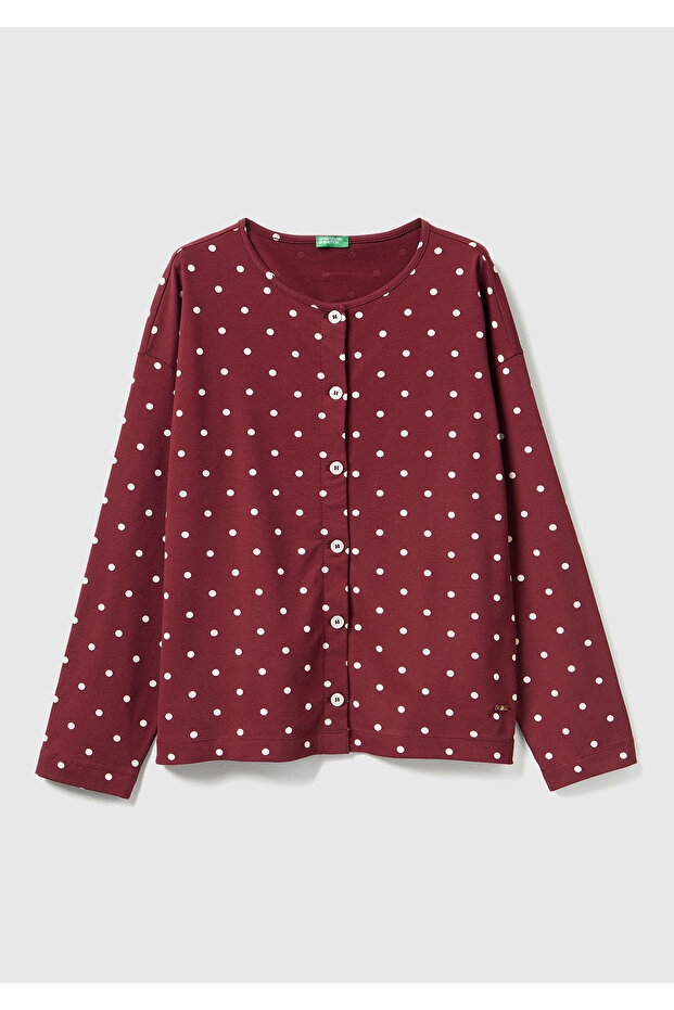 Women's Burgundy Cotton Blend Polka Dot Buttoned Front Pajama Top