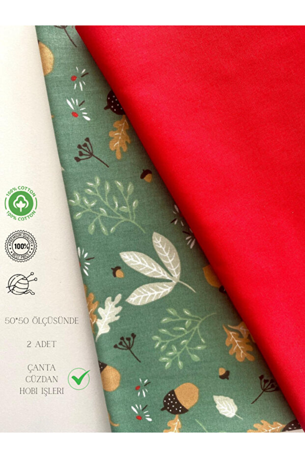 Bags, Wallets, Hobby Work Projects 2 Pieces of 50 cm Matte Green Bonito Patterned and Red Cotton Fabric