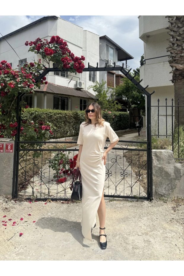 Women's Short Sleeve Long Side Slit Dress - Beige