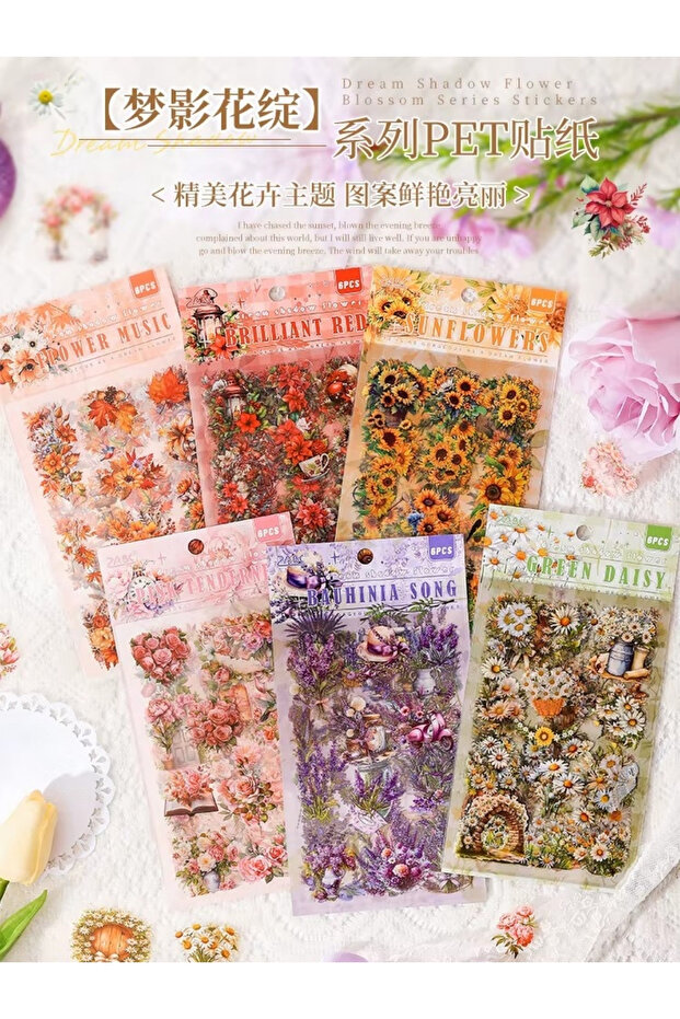 Kolbi Craft 1 Sayfa 9 Adet Şeffaf Çiçek Sticker Bullet Journal Scrapbook Laptop Ajanda Planlayıcı 10x15cm