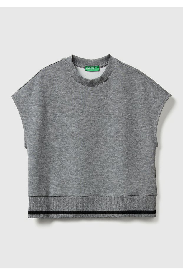 Women's Light Gray Modal Blend Sleeveless Sweatshirt with Stripe Detail at the Waist