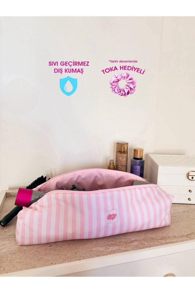Dusty Pink Striped Hair Straightener Bag Waterproof Airwrap Airstrait Compatible Travel Bag
