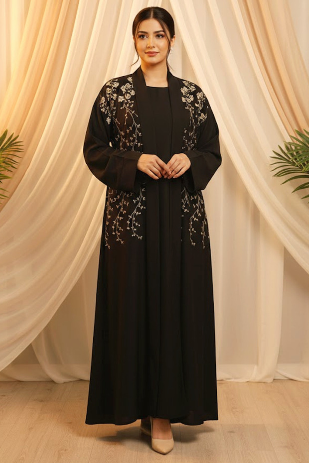 Premium Black Embroidered Abaya 2 Pieces With Inner For Women's Casual Muslim Ladies Abayas Dress