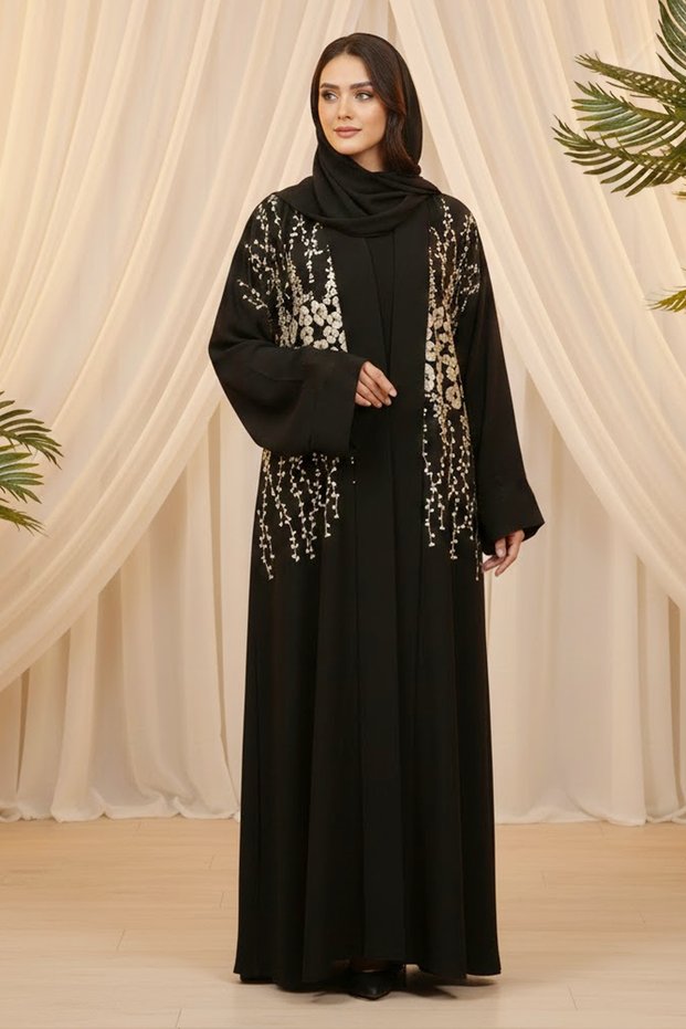Women's Premium Black Embroidered Abaya With Inner 2 Pieces Casual For Muslim Ladies Abayas Dress