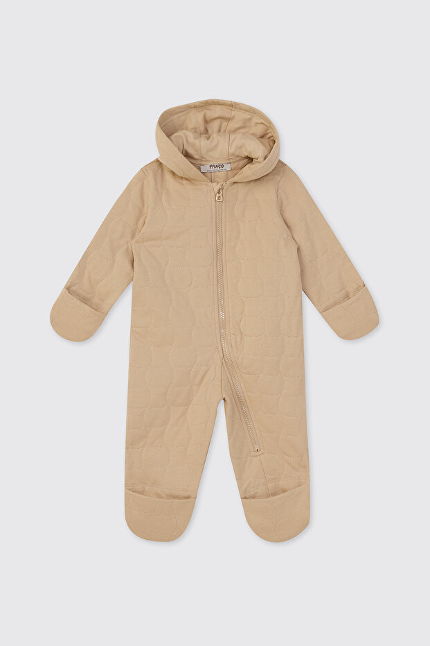 Newborn Long Sleeve Quilted Beige Jumpsuit with Booties
