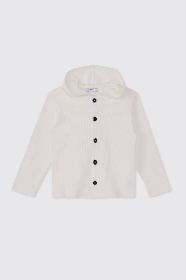 Erkek Çocuk Kapüşonlu Beyaz Örme Ceket - 1