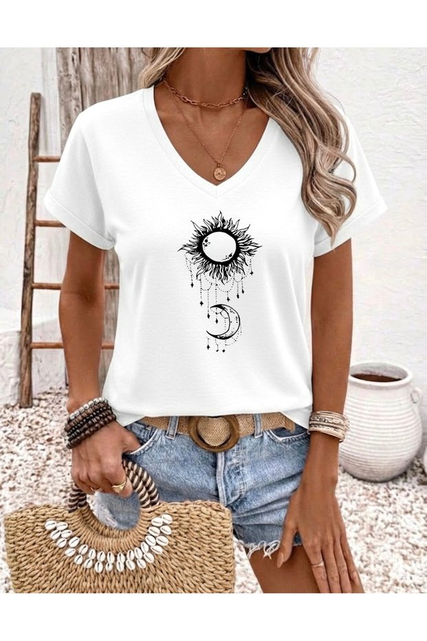 Sun and Moon Printed Women's Oversize V-Neck T-Shirt