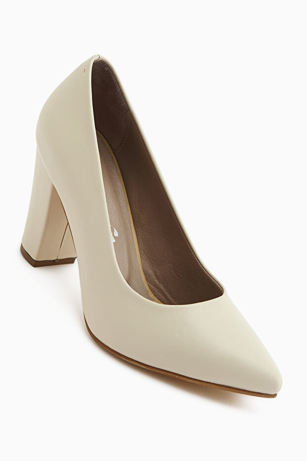 Emily Genuine Leather Beige Thick Heeled Women's Shoes