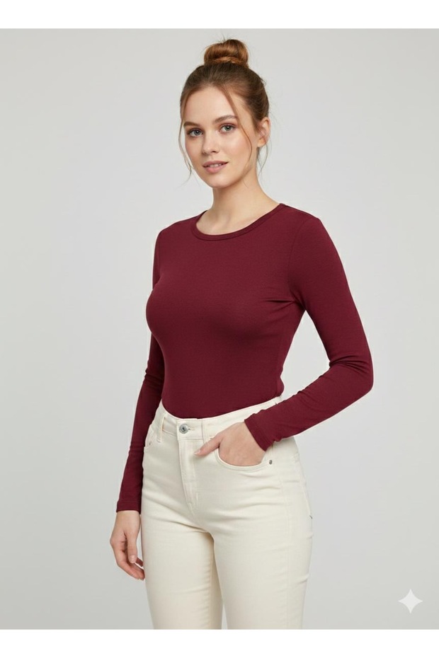 Women's White Long-Sleeve Crew Neck Long Viscose Blouse