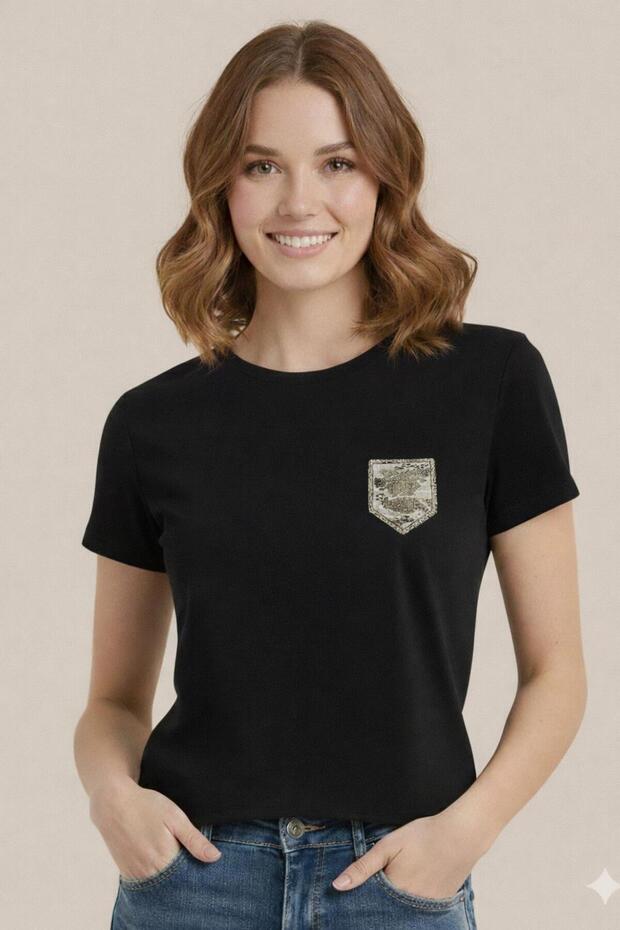 Women's Stone Embroidered Pocket Basic Round Neck Vi Viscose İyah T-Shirt
