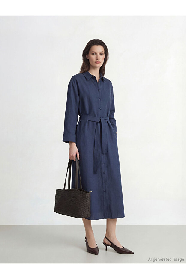 Navy Blue Belted Linen Blend Shirt Dress