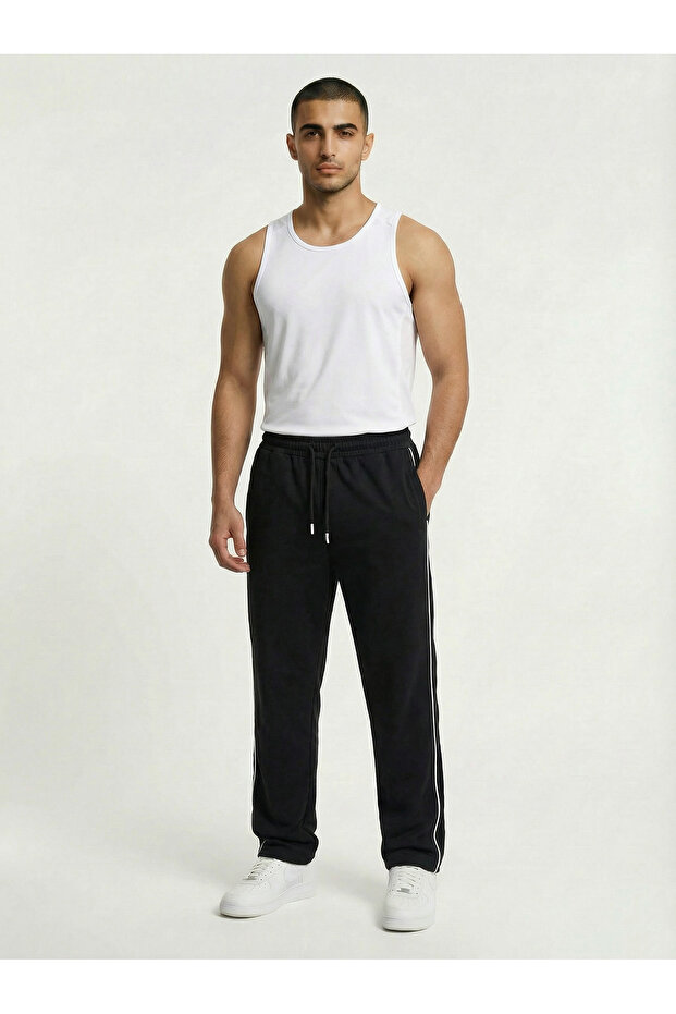 Black Color Side Piped Baggy Sweatpants Comfortable Fit