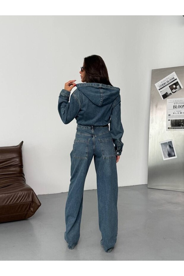 Kapşonlu Rahat Denim Tulum - 2
