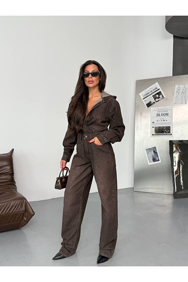 Kapşonlu Rahat Denim Tulum - 1