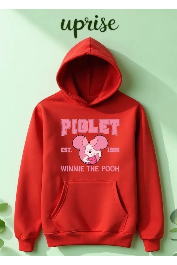 سويت شيرت Piglet مطبوع قطني 3 خيوط Ş مبطن بالصوف O قصة فضفاضة