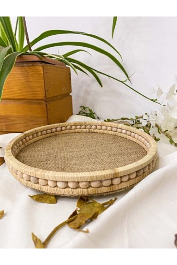 Wooden Small Beaded Wicker Natural Raffia/Jute Tray, Decorative Tray, Bathroom, Home, Decor Tray