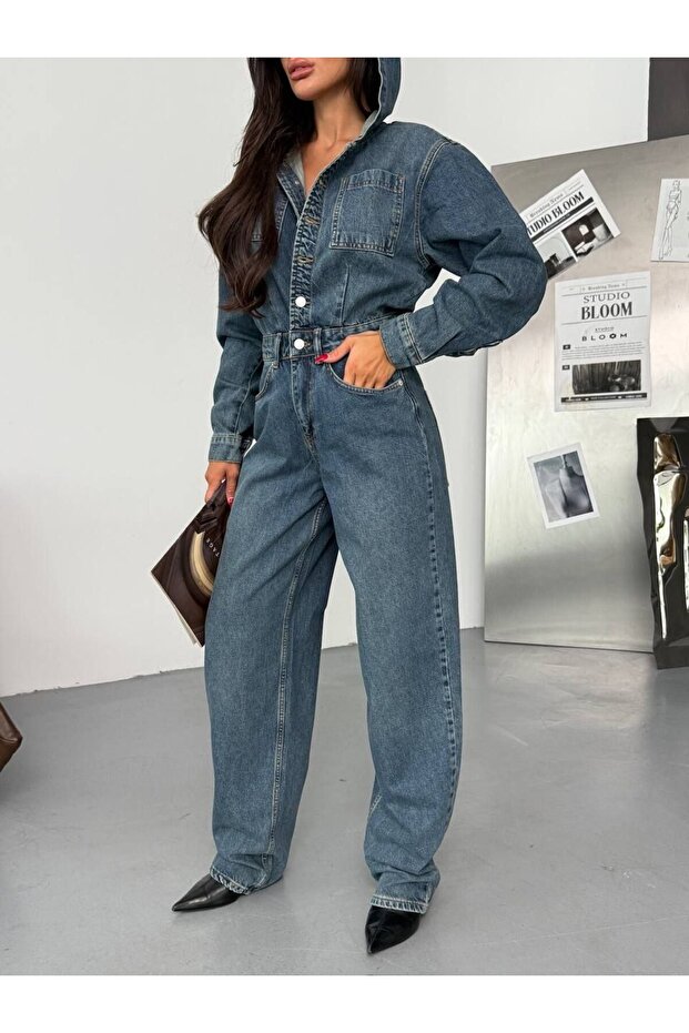 Kapşonlu Rahat Denim Tulum - 3