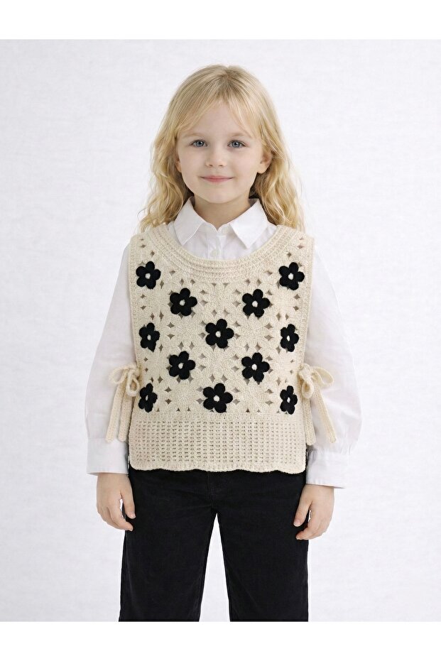 Çiçekli Örme Süveter Yan Bağcıklı - 2