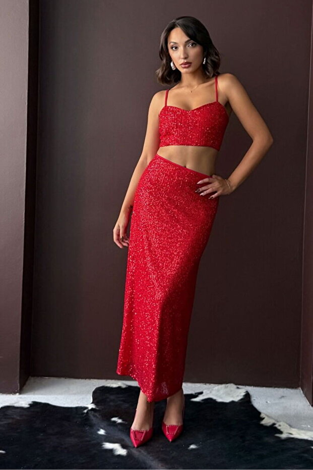 Red Sequined Long Skirt - High Waist, Stylish Evening Dress Combination | F1977 - Red