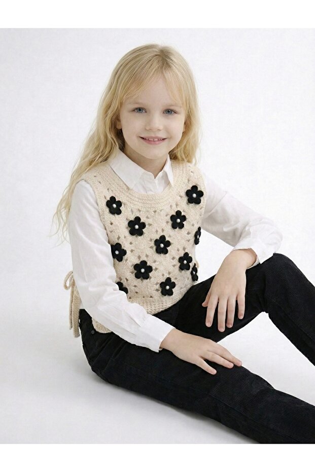 Çiçekli Örme Süveter Yan Bağcıklı - 4