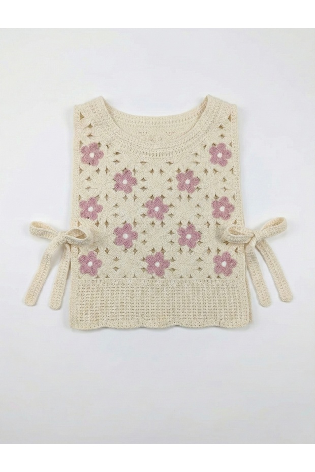 Çiçekli Örme Süveter Yan Bağcıklı - 5