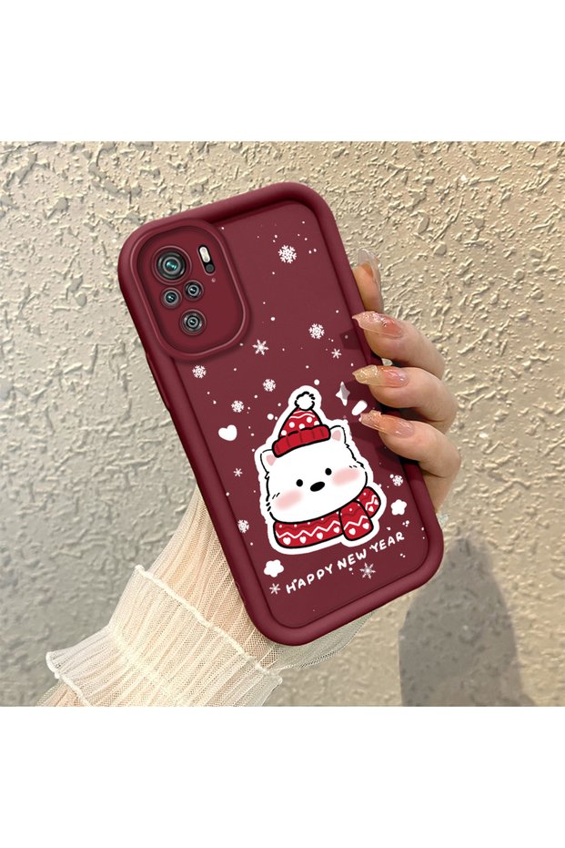 Poco M5S Compatible Winter-Themed Snow Bear Snowflake Patterned Silicone Case