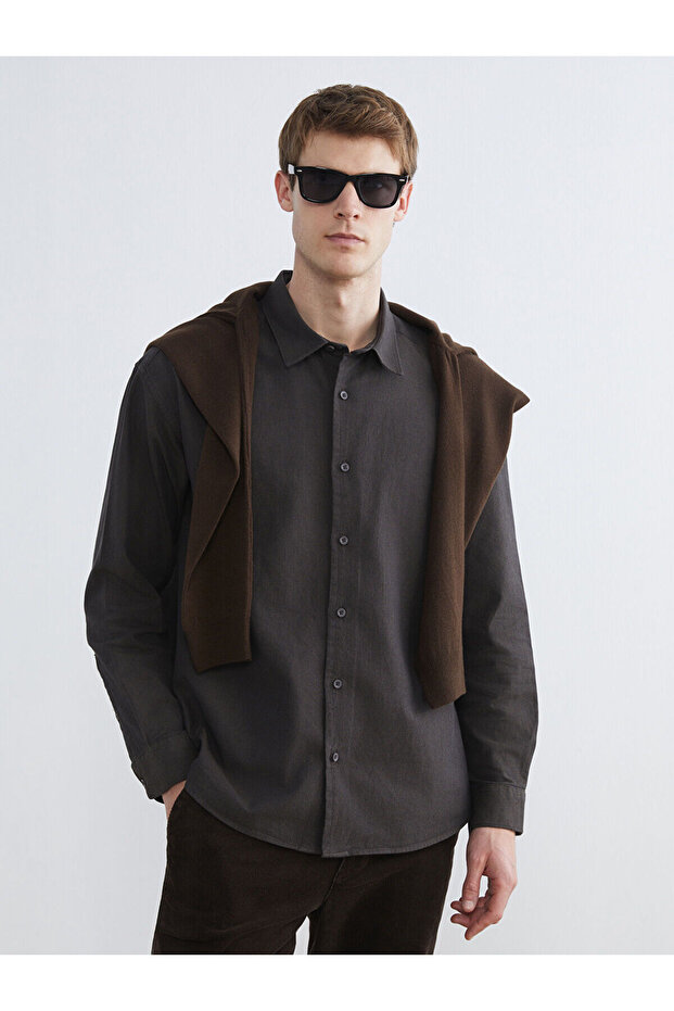 Brown Regular Fit Long Sleeve Gabardine Men's Shirt from Plus-Store