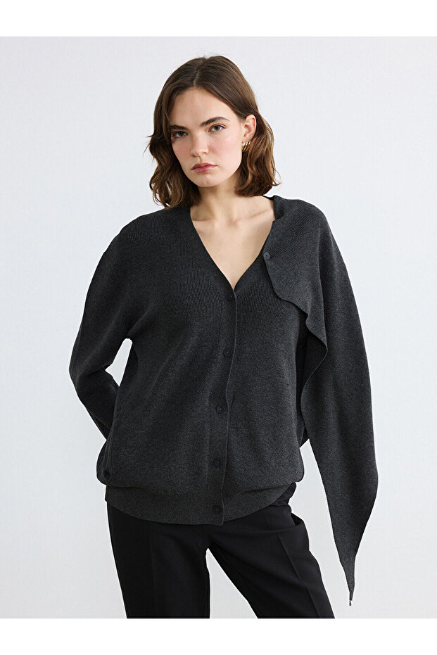 Anthracite V-Neck Shawl Detailed Oversized Women's Knitwear Cardigan