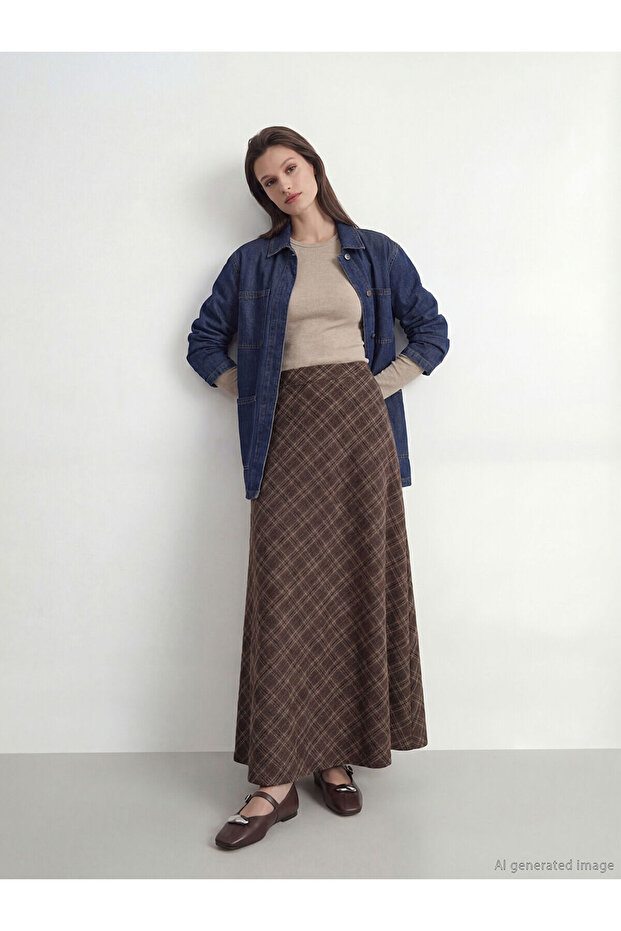 Brown A-Line Plaid Skirt with Zipper at the Waist