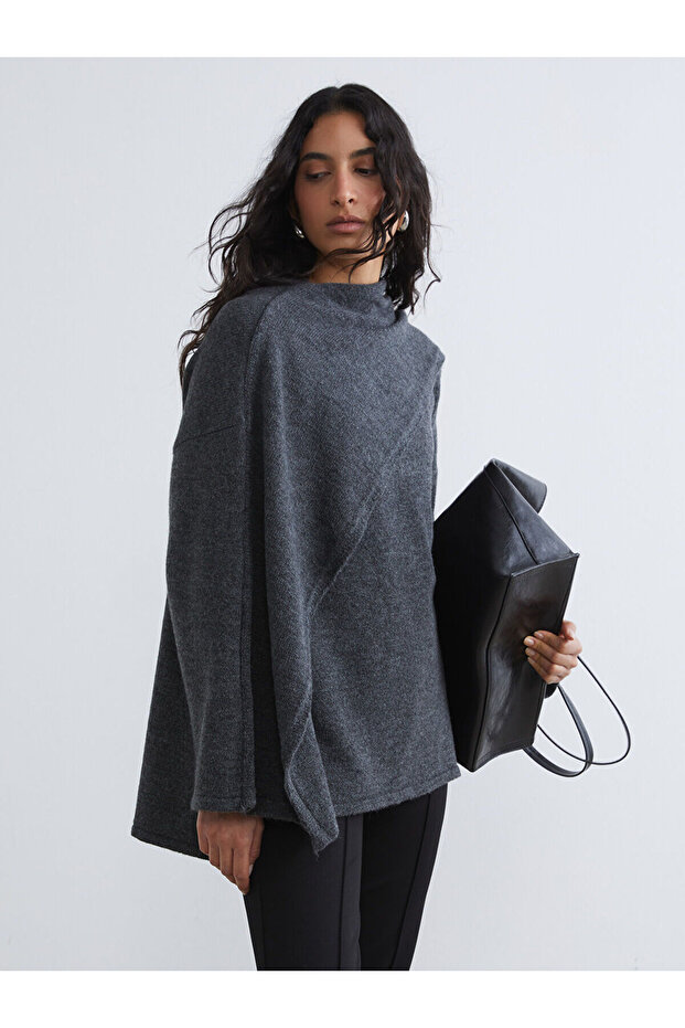 Create Your Style with Uzg Store Anthracite Draped Shawl Collar Oversized Women's Knitwear Sweater