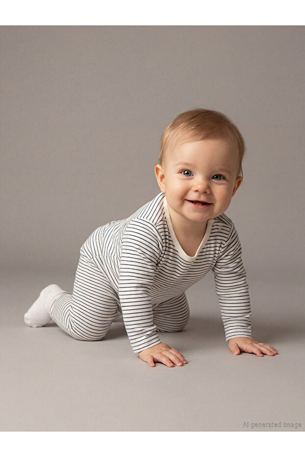 Ecru striped baby boy bodysuit and pants set