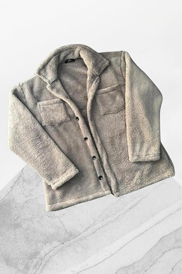 Unisex Gray Buttoned Plush Jacket