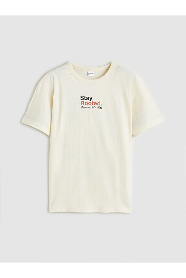 Beige Crew Neck Printed Boy's T-Shirt