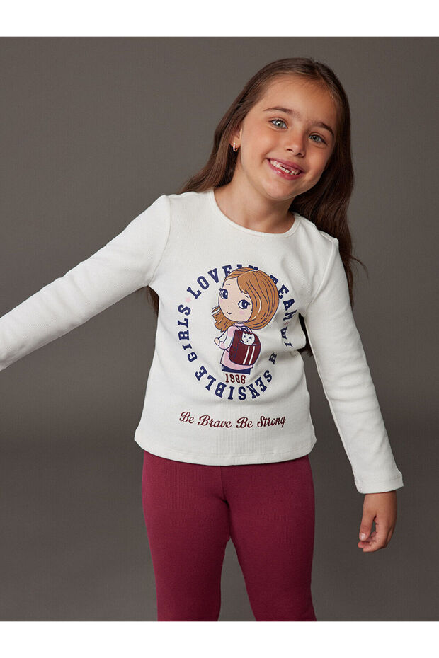 Two Mt Shop Quality Lcw Kids White Camisole Printed Tight & Slim Long Sleeve Girls' T-Shirt