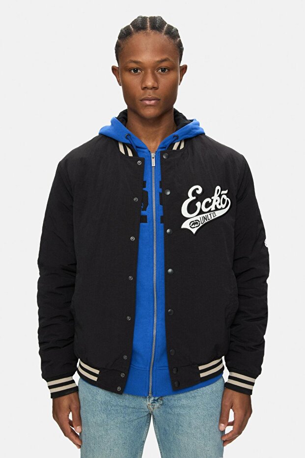 Crocker Black Printed Embroidered Loose Fit Men's College Coat