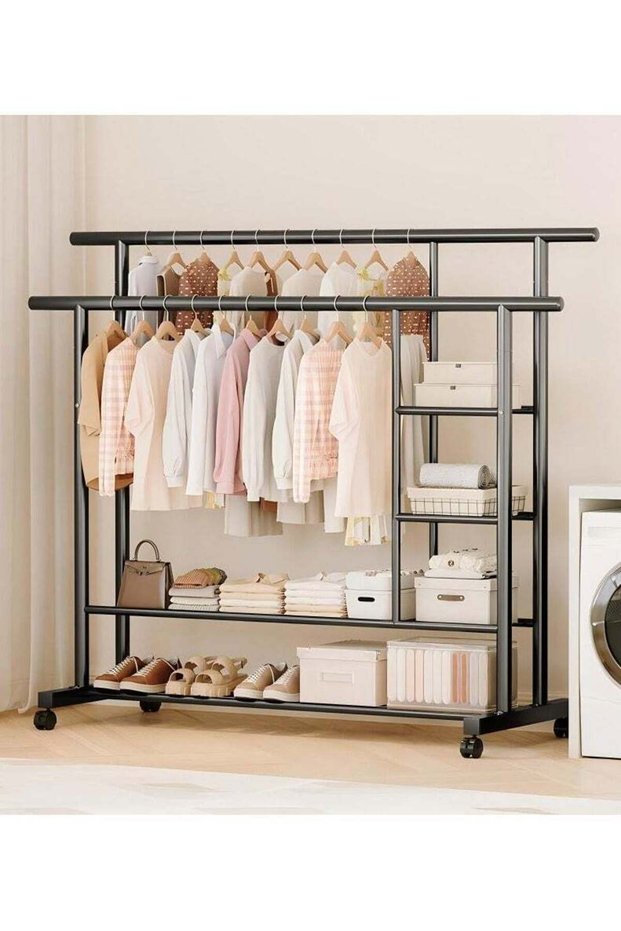 Freestanding Clothes Rack Organizer with Shelves, Heavy Duty Metal Clothing Rail with Wheels, Multi-