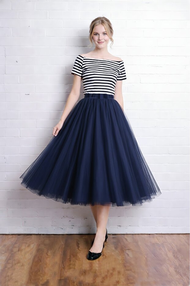 Navy Blue 3 Layer 75 cm Length Midi Puffy Zippered-Elastic Waist Comfortable High Waist,Party Tulle Skirt