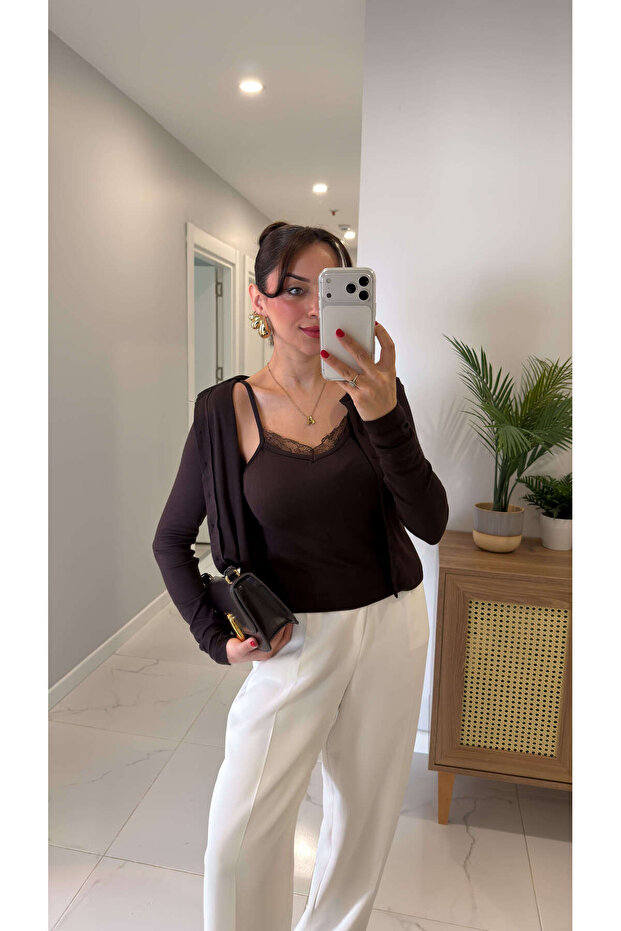 Anna Kahve Kendinden Atletli Bluz - 4