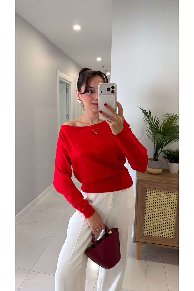Roddi Kırmızı Tek Omuzu Açık Triko - 3